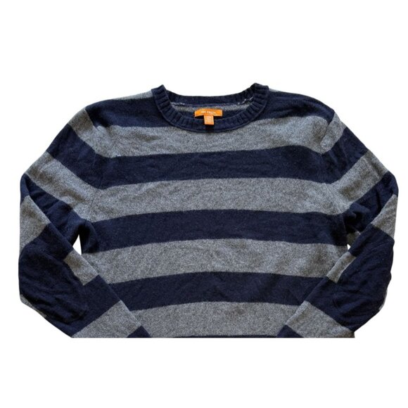 Joe Fresh Mens Lambswool 80% Blue Gray Striped Sweater XL Elbow Patches Preppy - Picture 2 of 7